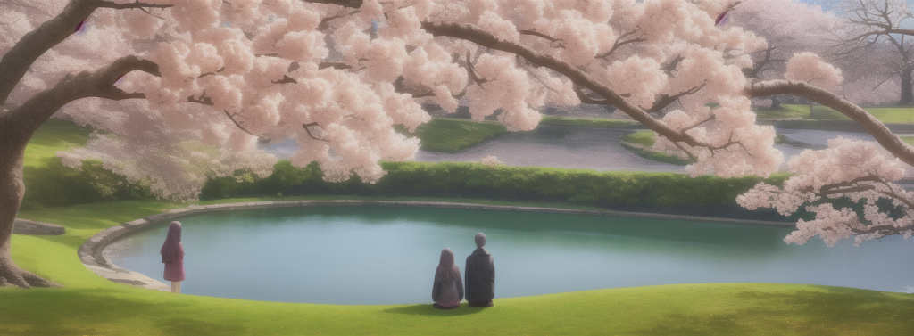 池にたたずむ人々